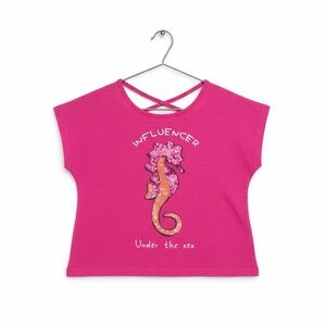 Pink Kids Short Sleeve Tee with Seahorse Design